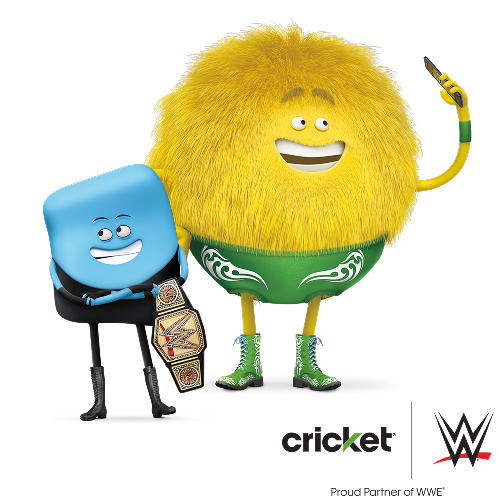 Cricket Wireless mascot Chip and WWE legend Dusty Rhodes-inspired character in a split-hero illustration with Cricket and WWE logos