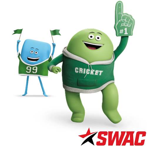 Cricket Wireless mascots Chip and Dante in a split-hero illustration celebrating the Cricket and SWAC partnership