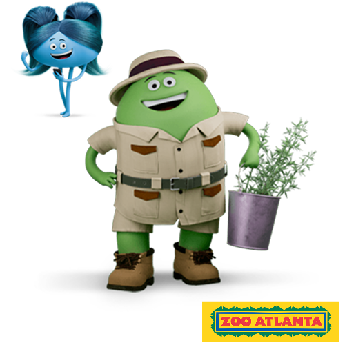 Cricket characters Lucy and Dante in safari gear for the Cricket and Zoo Atlanta partnership